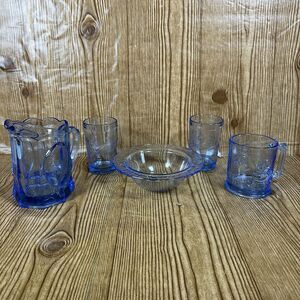 VTG Indiana Glass Tiara Nursery Rhyme Cream And Sugar 5 Piece Set Blue Cobalt